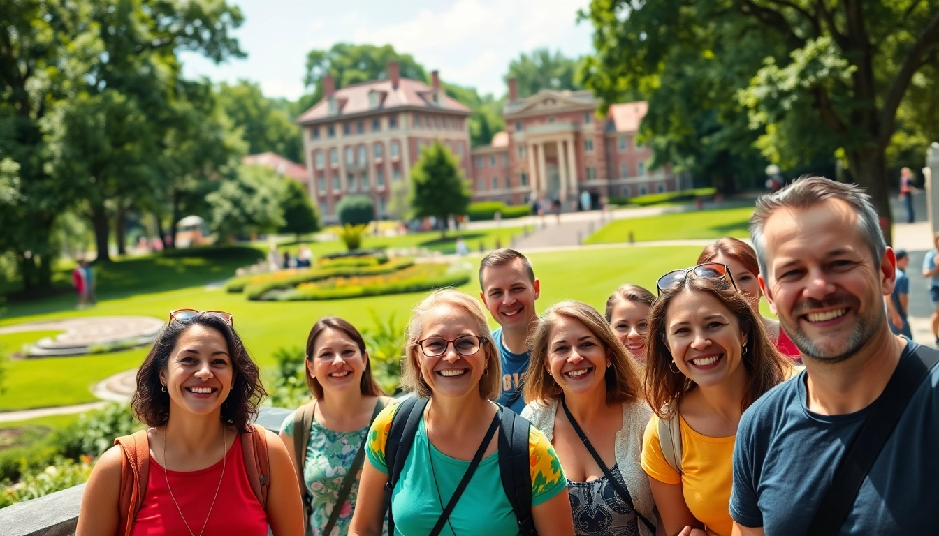 Experience vibrant Clarksburg tours with a joyful group capturing memories in scenic settings.