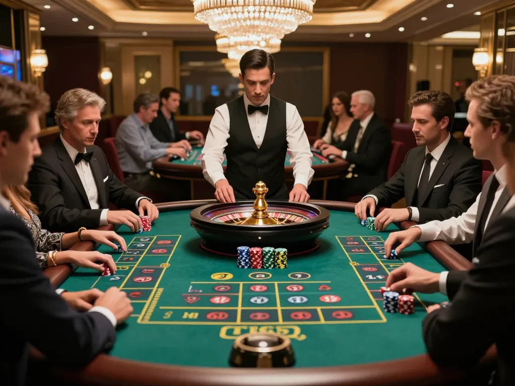 Players enjoying a thrilling roulette game at f168, vibrant atmosphere with colorful chips and a spinning wheel.