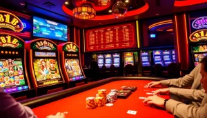 U888 players engaging at a vibrant poker table surrounded by colorful slot machines.