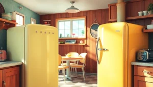 Retro Appliance kitchen scene with vibrant pastel refrigerator and toaster, creating a nostalgic atmosphere.