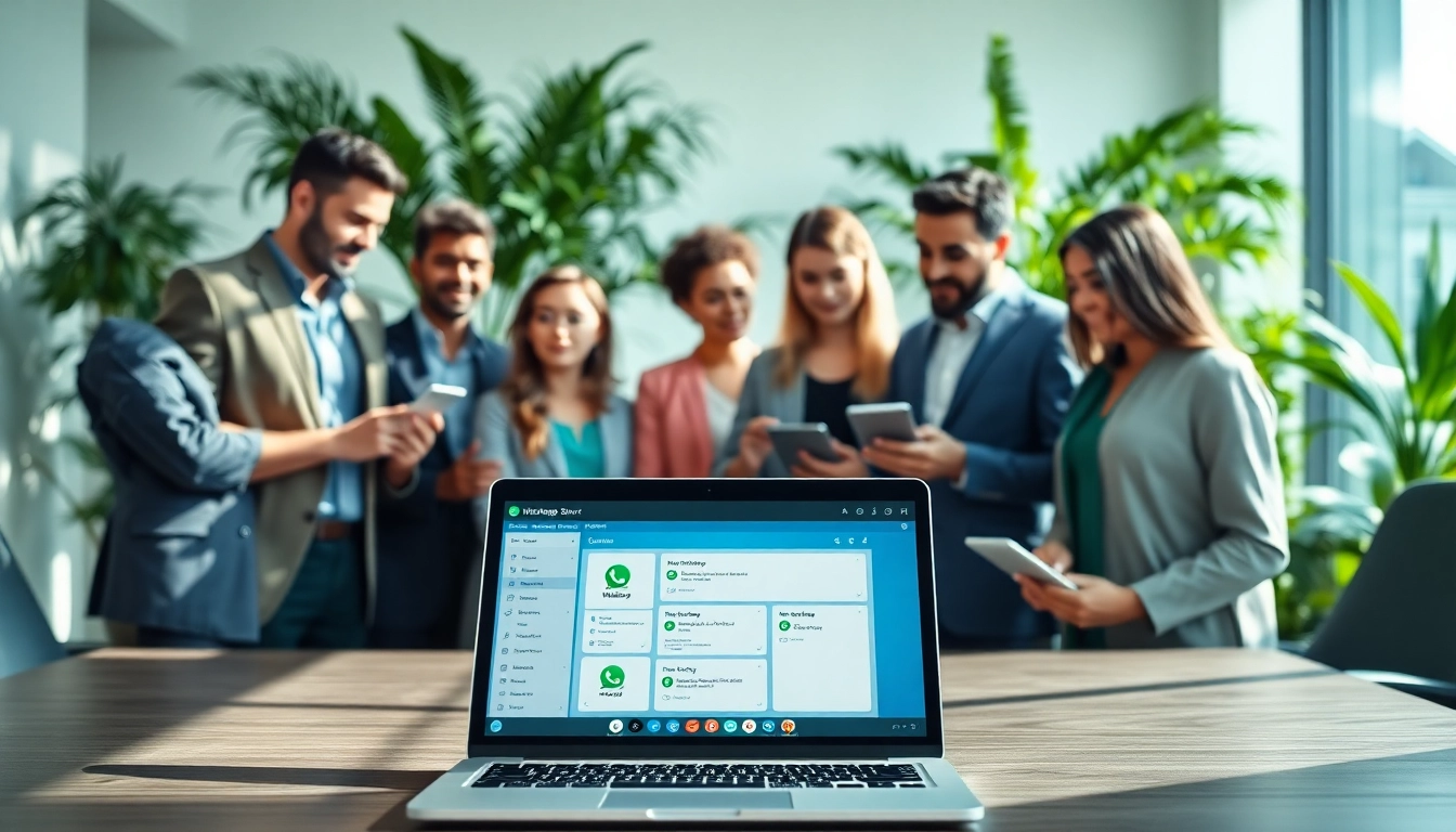 Engaged team collaborating using WhatsApp Smart CRM in a modern business setting.