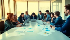 Business team collaborating on Strategy Capture Management strategies in a bright office setting.
