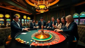 Découvrez l'excitation du meilleur casino en ligne avec des joueurs enthousiastes autour d'une table de roulette luxueuse.