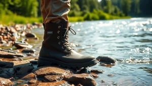 Explore fly fishing boots showcasing waterproof features on a rocky riverbank.