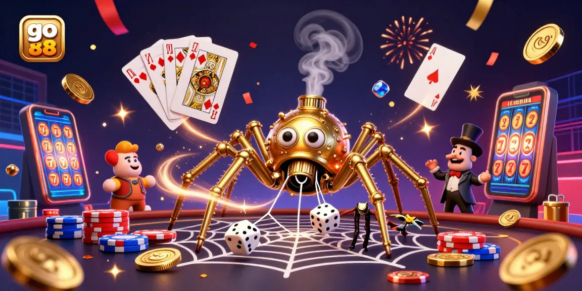 Catch your luck with go 88 in this vibrant casino scene featuring a golden spider and dynamic gaming elements.