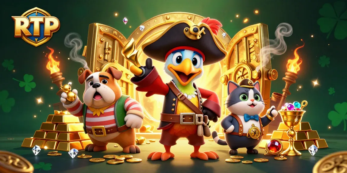 Experience RTP gaming excitement with a pirate captain, his bulldog first mate, and a cat navigator in a treasure-filled casino.
