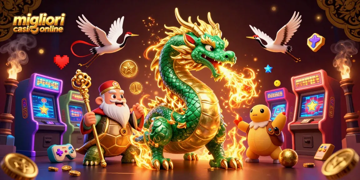 Migliori casino online con un drago di giada che respira fuoco dorato e una tartaruga saggia, immersi in un ambiente di gioco vibrante.