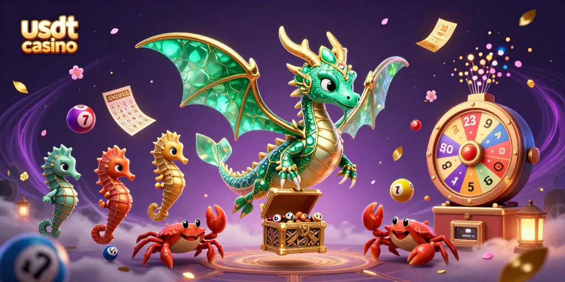 Gioca nell'usdt casino mentre un drago marino di smeraldo fluttua, circondato da palline da lotteria e premi.