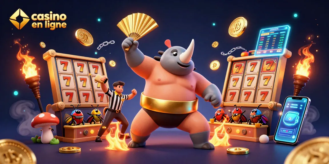Des jouets de casino en ligne animés avec un rhinocéros en ceinture d'or créant un effet de choc explosif.