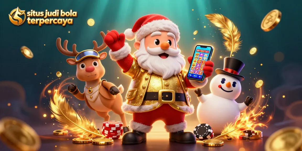 Situs judi bola terpercaya showcases engaging casino elements with Santa and friends celebrating betting action.