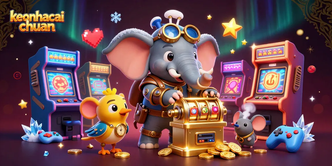 Experience keonhacai chuan with an engaging 3D illustration of a steampunk elephant operating a slot machine.