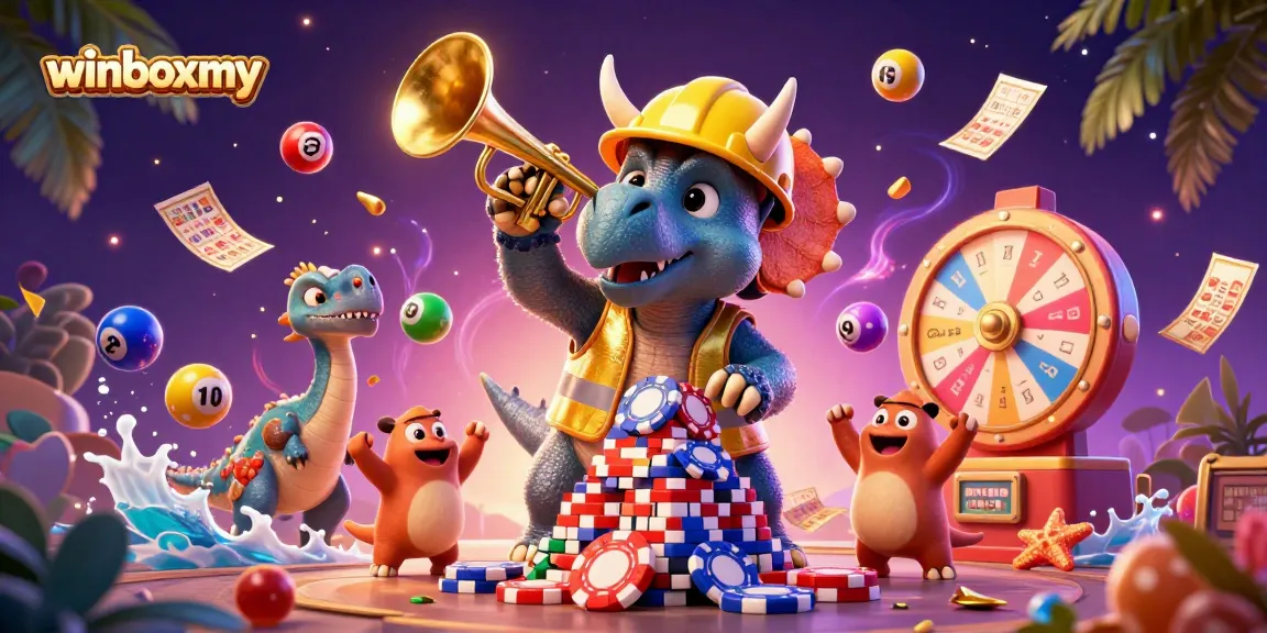 Celebrate winboxmy with a lively 3D illustration showcasing casino excitement and lottery fun.