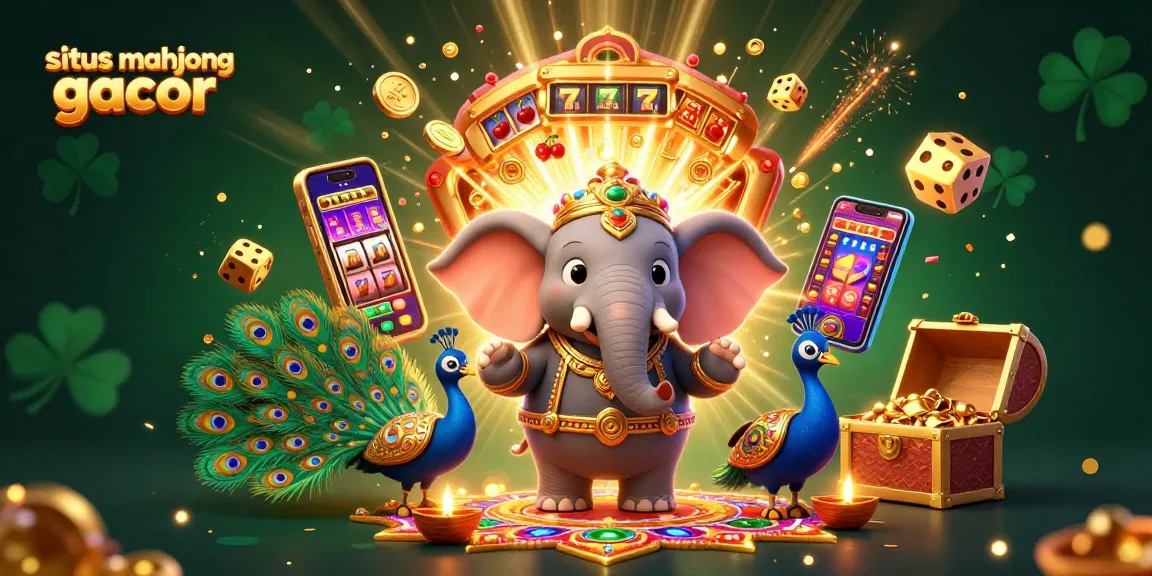 Experience the excitement of situs mahjong gacor with a vibrant 3D casino-themed illustration featuring a festive elephant.