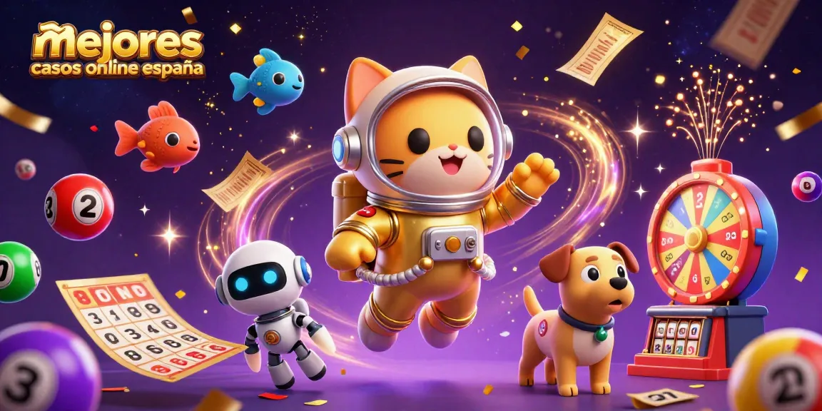 Ilustración 3D destacando los mejores casinos online en España con un gato astronauta y un perro robot.