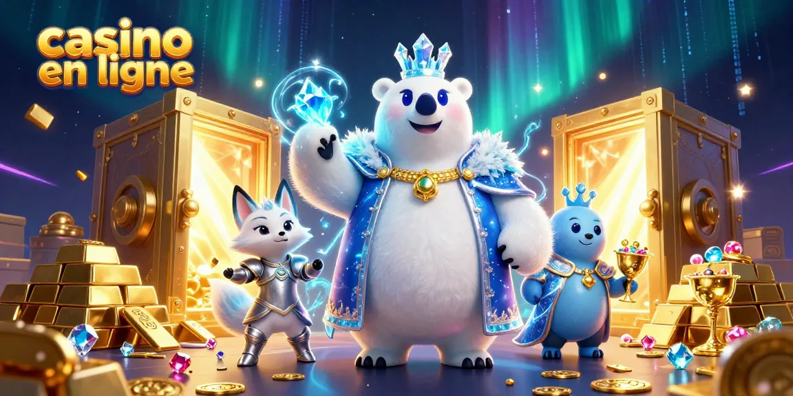 Une scène dynamique de casino en ligne avec un ours polaire royal et un renard de neige, entourés de trésors dorés et de joyaux scintillants.