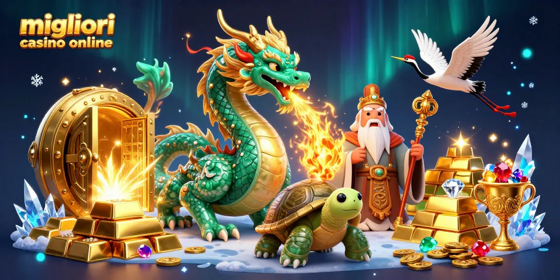 Immagine promozionale di migliori casino online con drago, tartaruga saggia e gru fortunata
