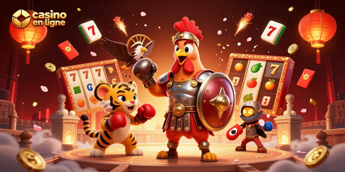 Visualisez un casino en ligne dynamique avec des jeux de machines à sous et un coq guerrier, illustrant des moments de jeu excitants.