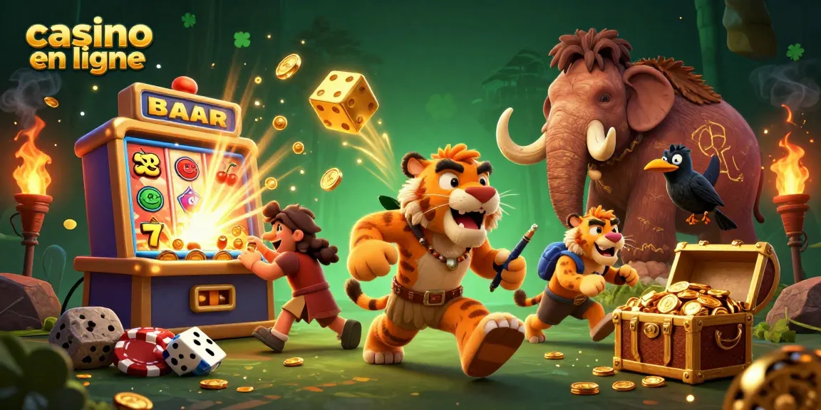 Plongez dans l'univers du casino en ligne avec cette illustration détaillée montrant des personnages animés et des machines à sous scintillantes.