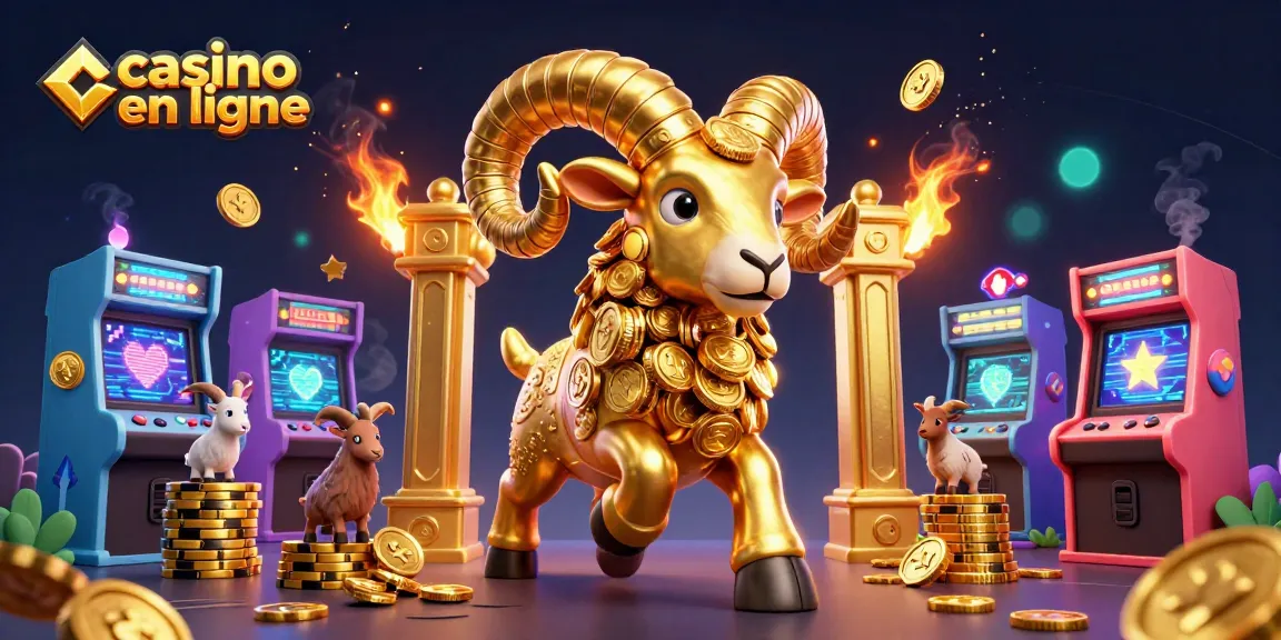 Admirez le célèbre casino en ligne avec un bélier doré majestueux et des machines à sous colorées.