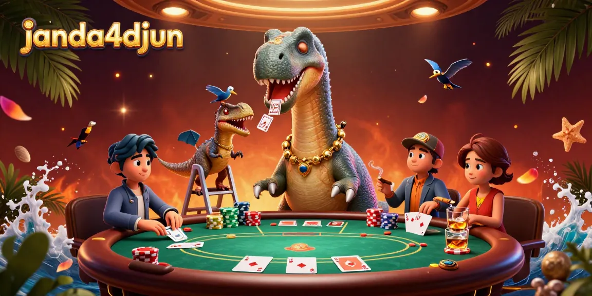 Janda4djun mengatur permainan poker yang seru dengan dinosaurus dan dealer cerdas.