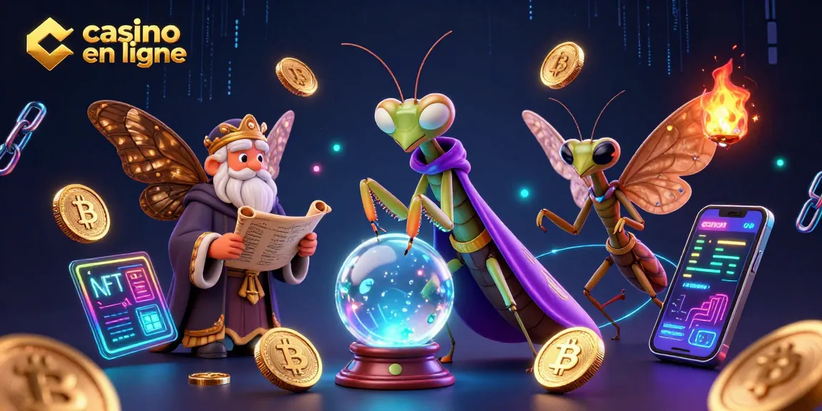 Jouer au casino en ligne avec des éléments mystiques et des cryptomonnaies dans une illustration scintillante.