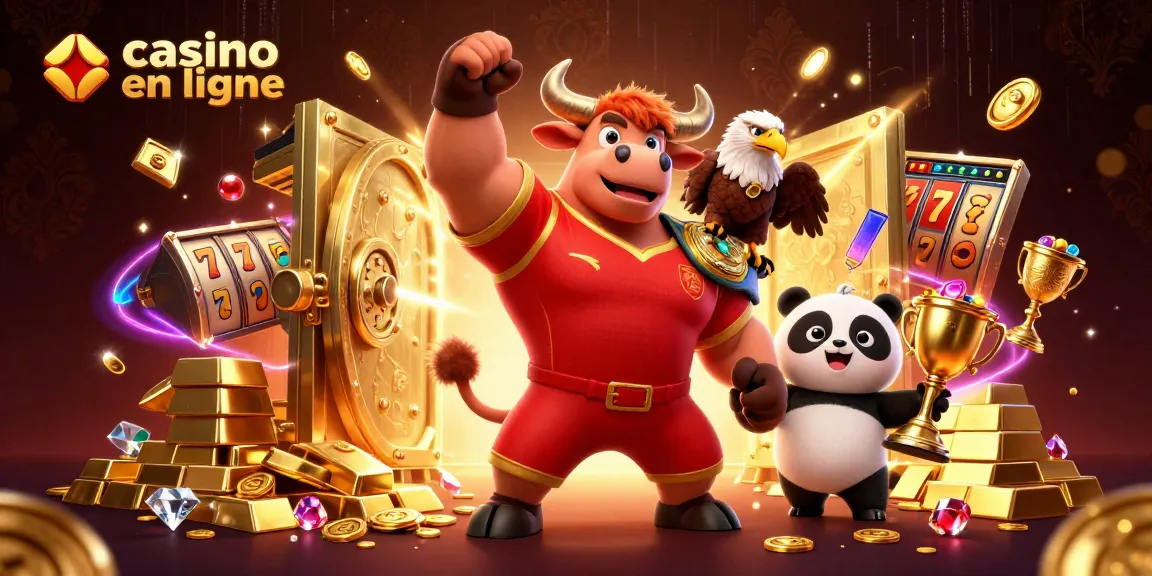 Profitez d'un casino en ligne avec un taureau musclé, un aigle et un panda, entourés de jackpots et de trésors éclatants.