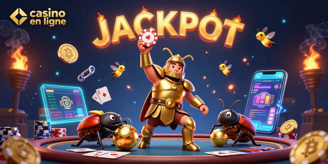 Ce casino en ligne vibrant propose un héros en armure liftant un jeton avec des éléments de jeu autour.