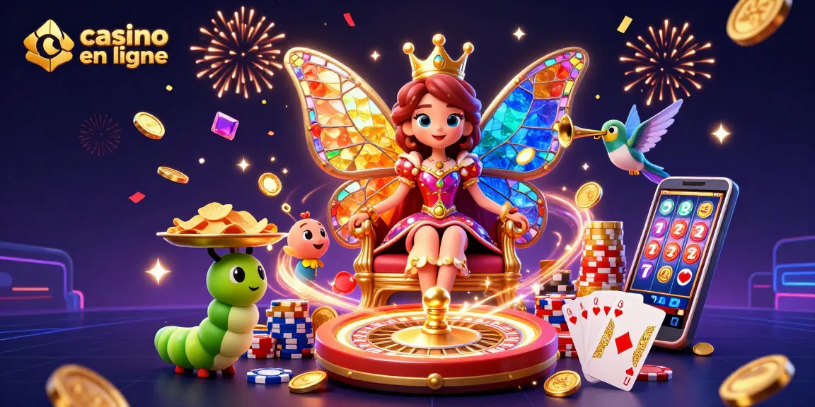 L'illustration en 3D montre une reine papillon sur un trône, entourée de pièces d'or et de jeux, soulignant le casino en ligne.