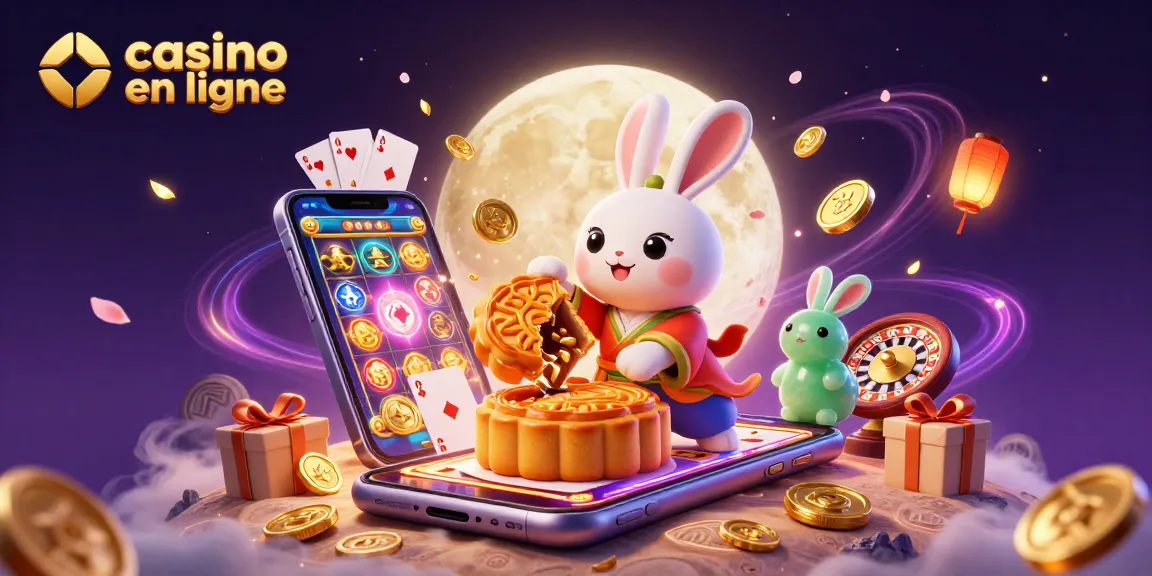 Illustration captivante représentant des éléments de casino en ligne, incluant un lapin de lune et des jetons de poker.