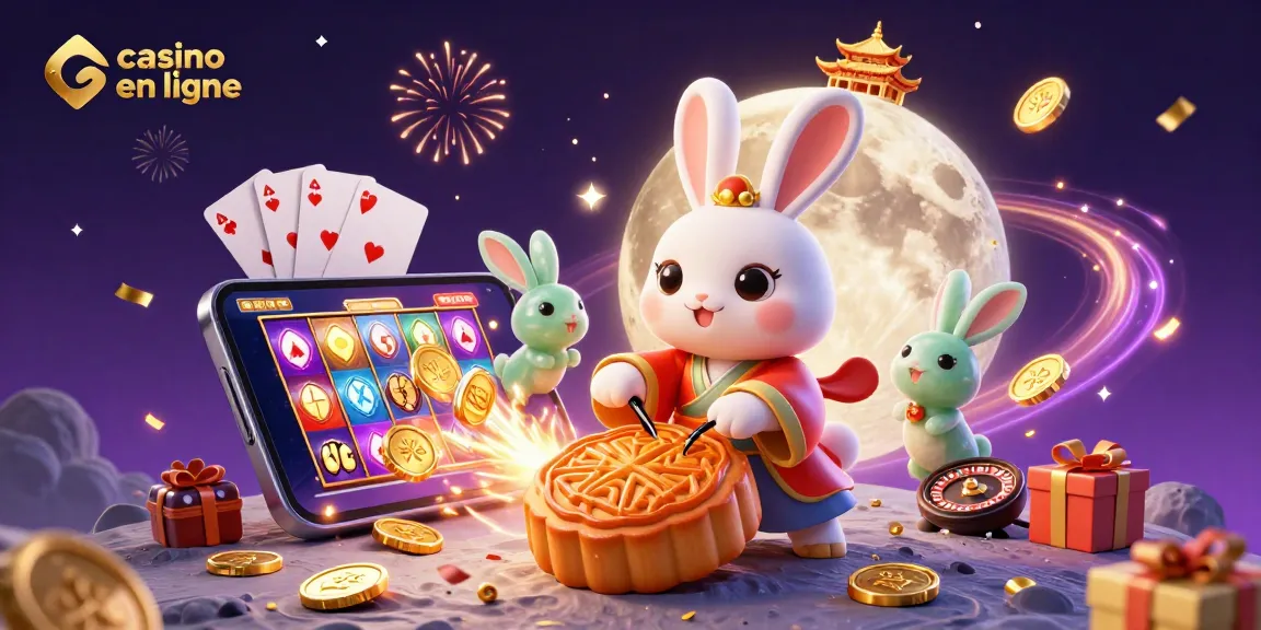 Illustration d'un lapin de la lune pour casino en ligne avec jeux de cartes et jetons