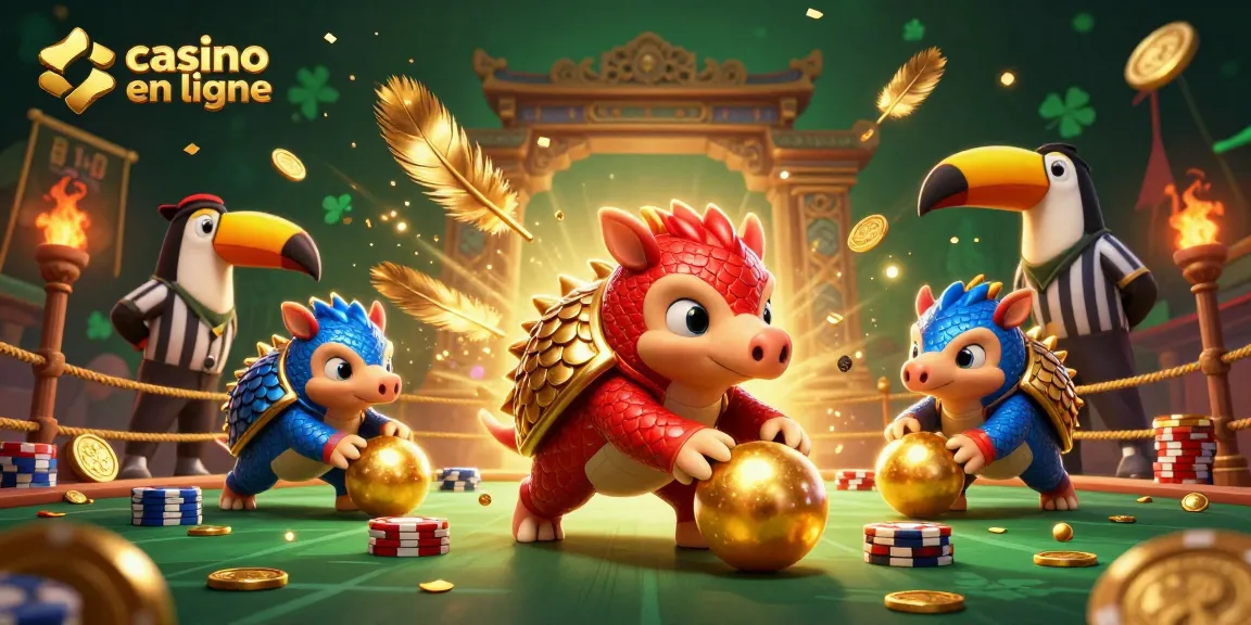 Les pangolins rivalisent dans une partie de casino en ligne avec des jetons et de l'argent doré.