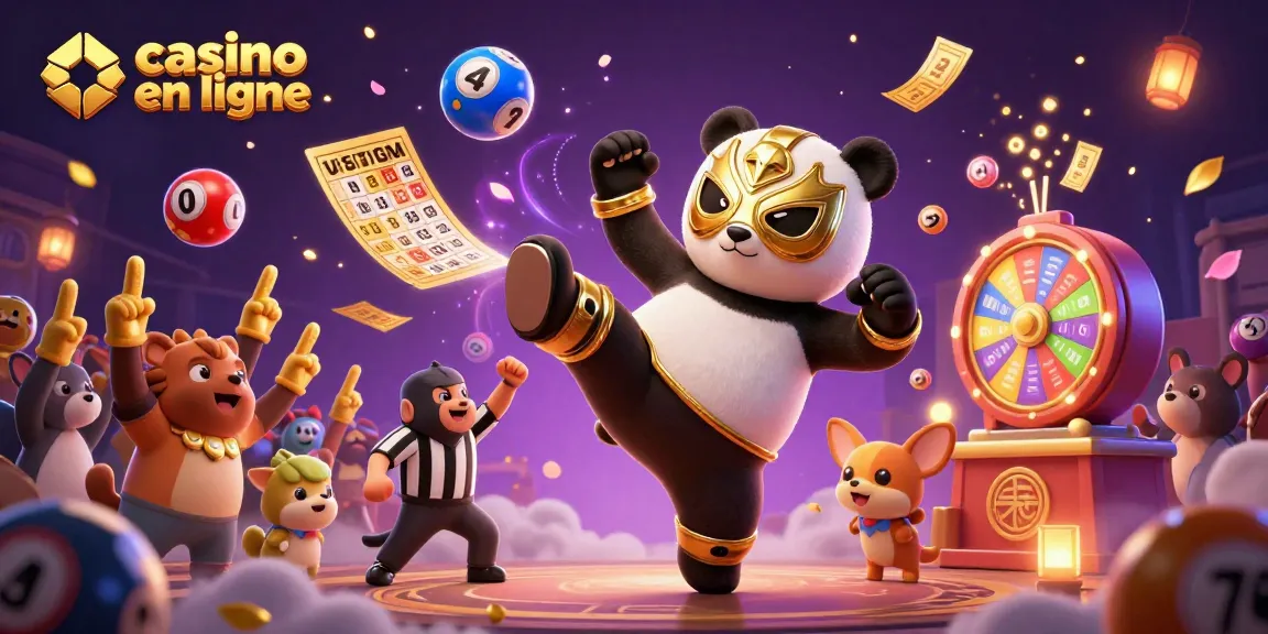Le panda professionnel en lutte effectue un coup de pied dans un casino en ligne animé avec des éléments festifs.