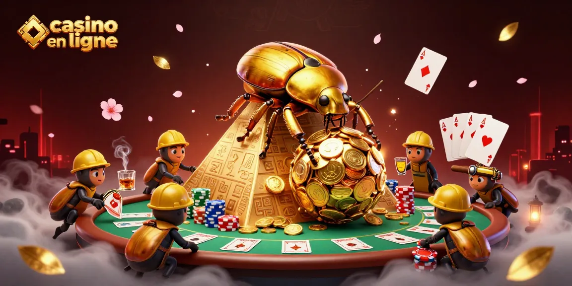 Illustration 3D d'un casino en ligne avec des scarabées dorés et des piles de jetons.