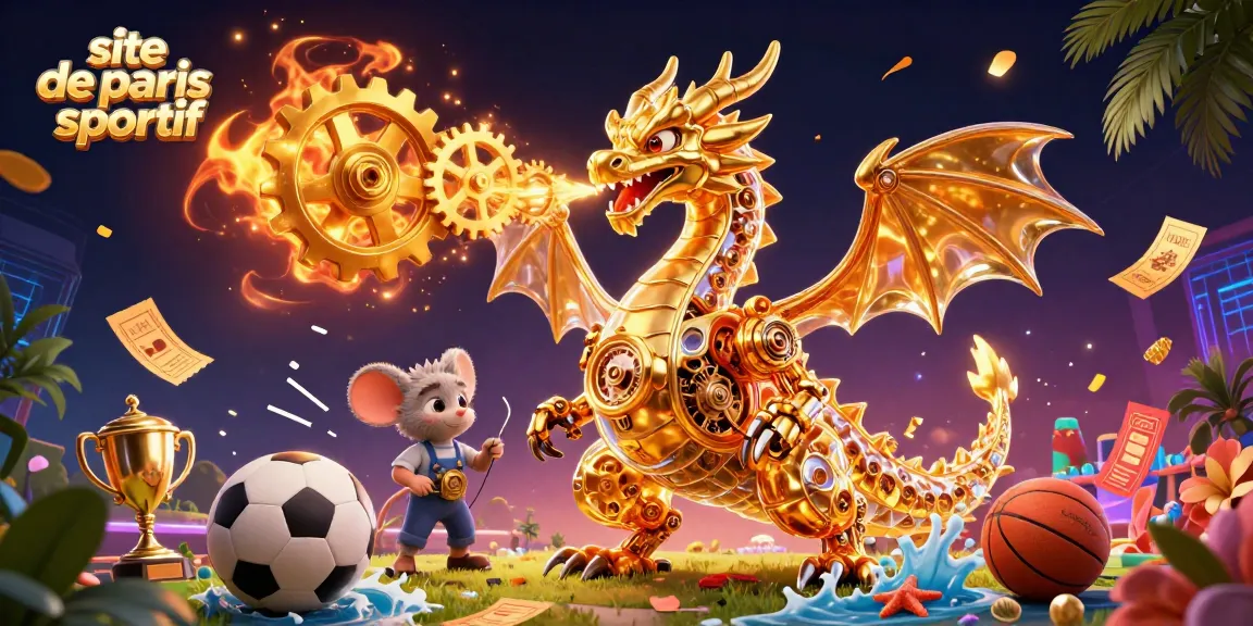 Pariez sur le site de paris sportif avec un dragon doré mécanique entouré d'éléments de paris sportifs captivants.