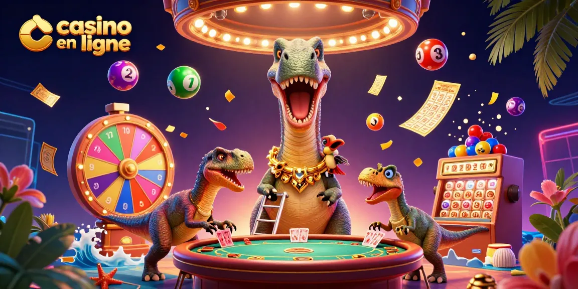 Plongée dans l'univers du casino en ligne avec une illustration de brontosaurus et un raptor distribuant des cartes.