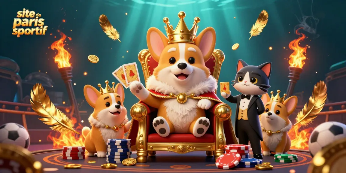 Pariez sur le site de paris sportif avec un corgi royal entouré d'éléments sportifs et de jetons.