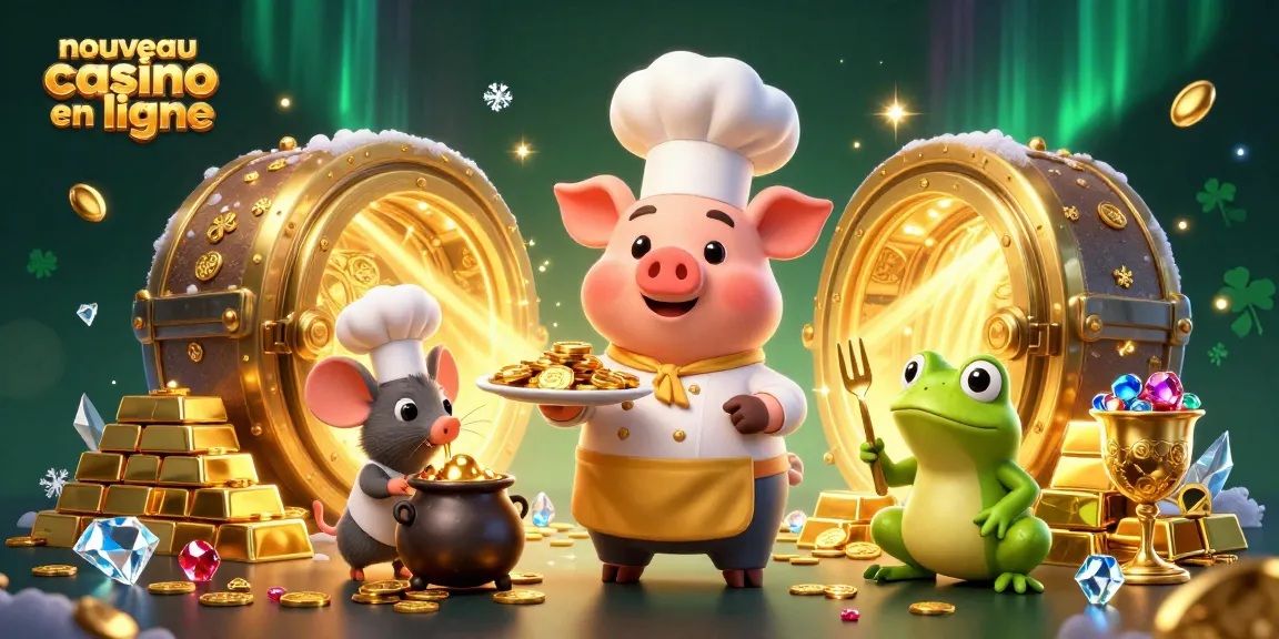 Illustration intrigante d'un nouveau casino en ligne avec un chef cochon servant des pièces d'or.
