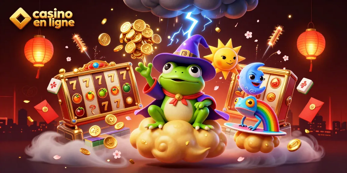 Découvrez une illustration captivante autour du casino en ligne avec une grenouille sorcière et un caméléon sur un nuage d'or.