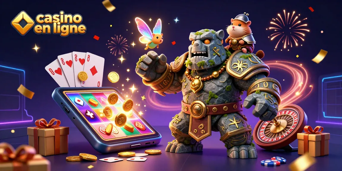Illustration de casino en ligne avec un golem et un hamster chevalier jouant à des machines à sous.