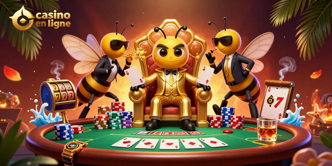 Visitez des jeux de casino en ligne avec un patron bumblebee entouré de gardes dans un décor lumineux.