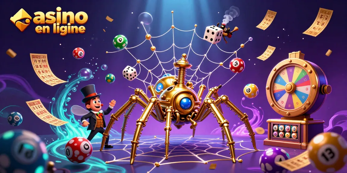 Découvrez un monde fascinant de casino en ligne avec une araignée steampunk dorée et des éléments de loterie.