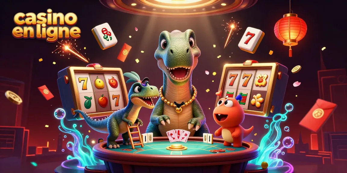 Casino en ligne : Illustration dynamique d'un brontosaurus au casino avec un rapace distribuant des cartes