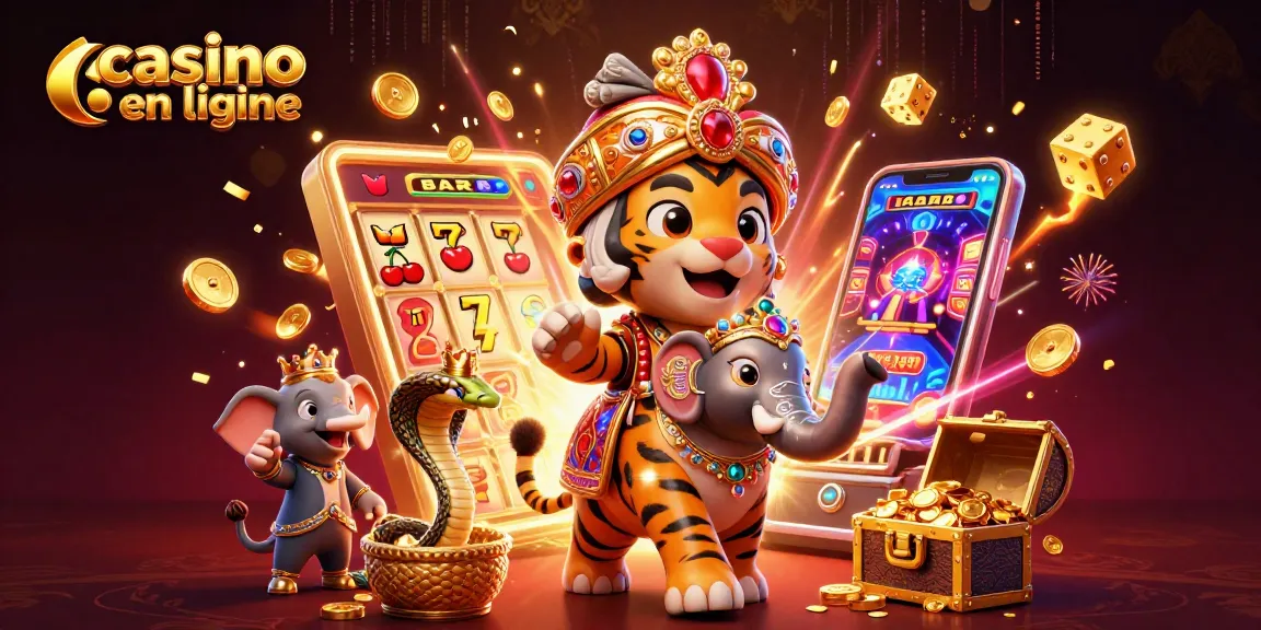 Illustration captivante représentant un casino en ligne avec un tigre maharaja et un éléphant.