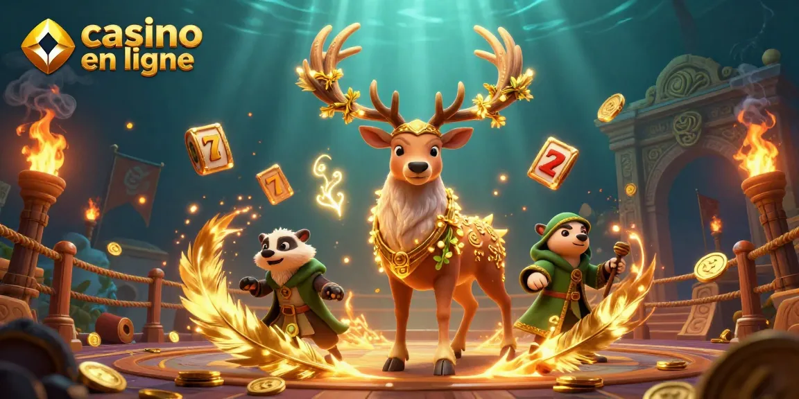 Illustration captivante de casino en ligne avec un cerf druide et des éléments de jeux de machine à sous.