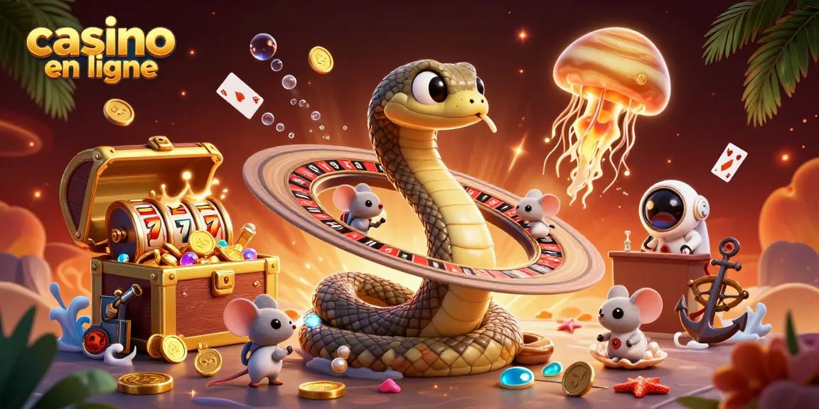 Casino en ligne avec un serpent Saturne à roulettes et des astronautes pariant dans un univers coloré.
