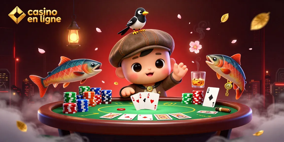 Illustration colorée de casino en ligne avec un bébé Nessie et des éléments de poker.