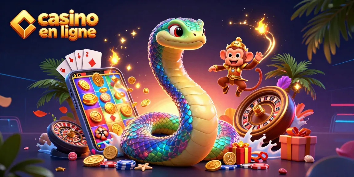Les jeux de casino en ligne s'animent avec un serpent arc-en-ciel et un roi singe sur fond vibrant.