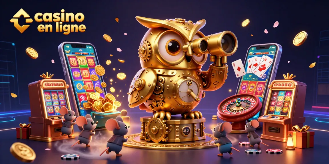 Casinos en ligne : illustration d'un hibou doré et des souris joueurs dans une ambiance dynamique