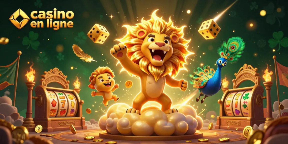 Visualisez un lion de casino en ligne, entouré de dés dorés, de rouleaux de machines à sous, et de pièces d'or.
