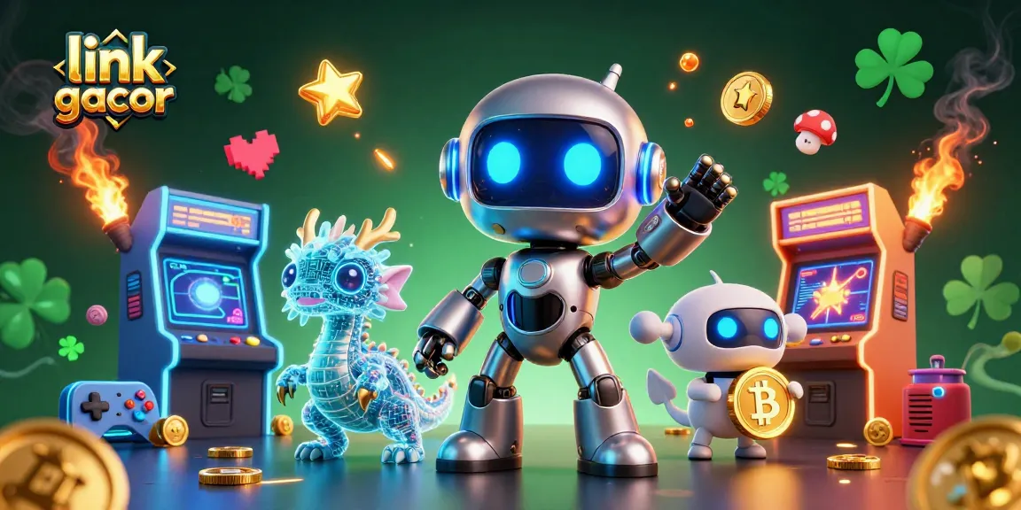 Engage with link gacor through vibrant casino elements in a thrilling 3D scene featuring a cyberpunk robot mascot.